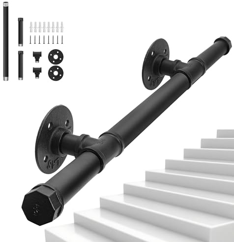 100cm Handlauf Schwarz Schmiedeeisen Wandhandlauf, mit Wandhalterung | Kaliber:ø25 mm,Geeignet für den Innen- und Außeneinsatz Treppengeländer, mit Endkappen
