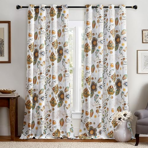 XiDi Weiße Verdunkelungsvorhänge fürs Schlafzimmer 228cm Länge Pflanzenprint Boho Vintage mit Thermo-Isolierung 2er Set
