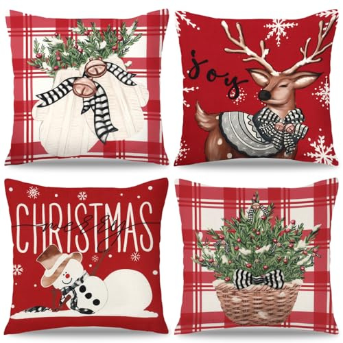 Weihnachten Kissenbezug 4er Set 45x45cm Rot Weiß Schneemann Rentier Weihnachten Kissenbezug Leinen Weihnachtsdeko Kissenbezüge für Sofa Couch Schlafzimmer Wohnzimmer Zierkissenbezug Cushion Cover