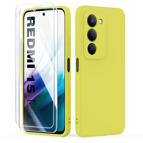 binandteam Silikon TPU Hülle für Xiaomi Redmi 15 4G/5G,2 Schutzfolie | Gelb Dünne Silikonhülle weiches Flüssigsilikon, stoßfest, kratzfest, Anti-Scratch Microfaser-Innenfutter Handyhülle
