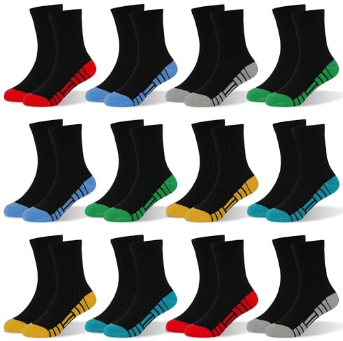 Boys Socks 12 Pairs Black School Kids Sports Socks Toddler 1-13 Years | 75% cotton,Soft Breathable Black White Colorful Socks,for boy trainer,school,sports,walking