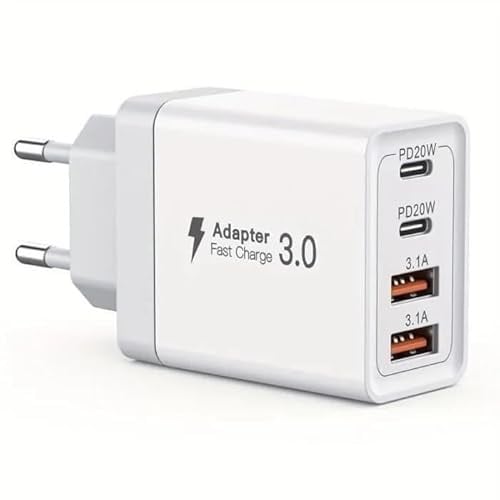 USB-C Dual Port Quick Charge Adapter, PD, 2 USB-A 3.1A Ports, Wall Charger White