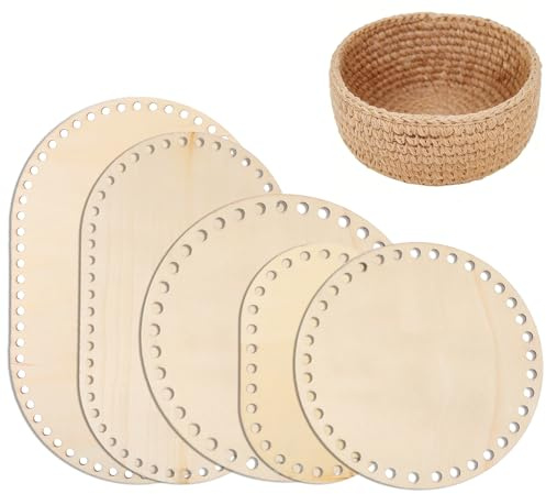 5 Stück 15/20/25/30cm Holzboden für Häkelkorb, Korbboden | Holz Korbboden zum Häkeln, Taschenboden Häkeln, Korb Flechten Set, für Diy Korbflechten Liefert, Basteln, Ovaler, Rund