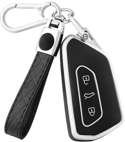 OFF WE GO Coque Clé Etui Cles pour VW Golf 8 ID3 ID4 GTI GTE MK8 Seat Leon MK4 Ateca Tarraco Skoda Octavia 8 Voiture Clé Télécommande Étui avec Porte-clés Couvre Clef Cache Cle,Argent Noir