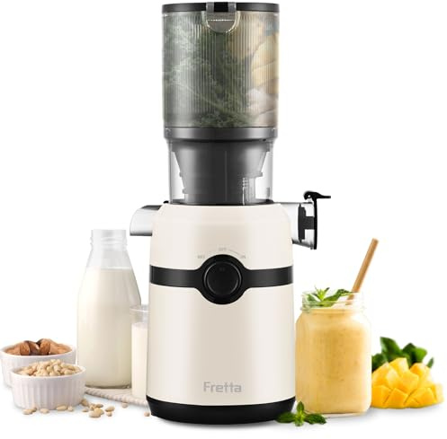 Fretta Extractor de Zumos y Verduras, Apertura de 108MM y Capacidad de 1L,Licuadora Prensado en Frio para Verduras Frutas Enteras,200W Slow Juicer Machine,Fácil Montaje y Limpieza,Sin BPA(Blanco Roto)