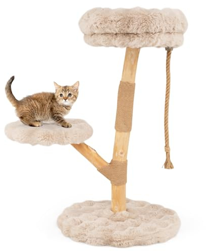 COSTWAY 90 cm Kratzbaum Holz, Katzenbaum mit 3 Plüschsitzflächen, Seil & Kratzpfosten aus Jute, Katzenturm Katzenmöbel Massivholz, Katzenkratzbaum Kletterbaum Katzen (Beige)