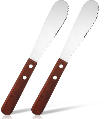 Matwsec 2 Pcs Butter Knives, Wide Stainless Steel Butter Knives Set Ergonomic Kitchen Sandwich & Cheese Spreaders for Cream Cheese & Jams, Wood Handle (Brown, 7.99 In)