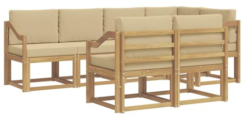 vidaXL Outdoor-Sofagarnitur mit Kissen 7 pcs Weiß und Beige Polyester, Stylisches Outdoor-Sofa-Set, Moderne Gartenmöbel, wetterfestes Akazienholz, modulares Sitzen für Terrasse und Lounge