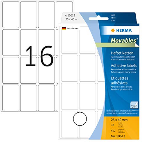 HERMA 10613 Vielzweck-Etiketten ablösbar, 384 Stück, 25 x 40 mm, 16 pro Bogen, selbstklebend, Haushaltsetiketten zum Beschriften, matt, blanko Papier Klebeetiketten Aufkleber, weiß