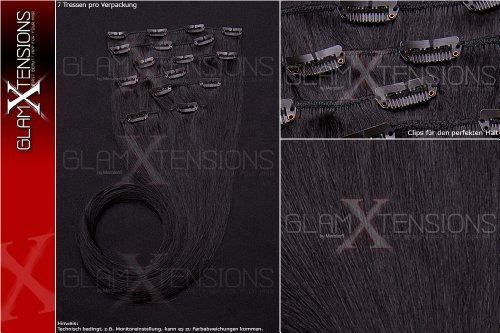 Echthaar Clip In Extensions Set 100% indisches Remy Echthaar 7 teilig / 7 Tressen hochwertige Haarverlängerung 55cm Clip-In Hair Extension Farbe # 1 schwarz black