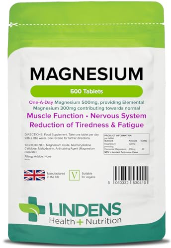 Lindens - Magnesium 500mg - 500 Tablets - UK Made, Reduces Tiredness & Fatigue, Supports Muscle & Nervous System Function - Bones & Teeth Health - Vegan, GMP & Letterbox Friendly