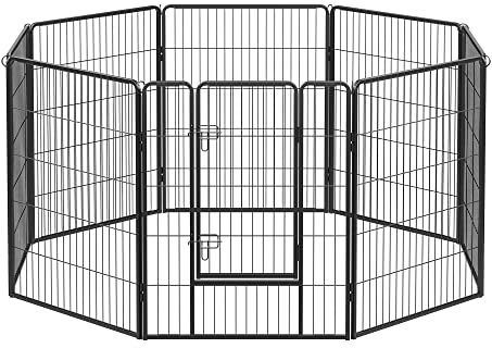 Feandrea Parc pour Chien, Enclos pour Chiot, Clôture, Chenil, Cage, 8 Panneaux, Double Verrou en L, Chaque Panneau 77 x 100 cm, Intérieur, Extérieur, Jardin, Chien, Lapin, Poule, Noir PPK81H