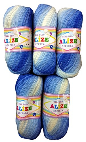 Alize 5 x 3481 500 Gramm Wolle und Häkelgarn Baby Batik 100 Babywolle Dunkelblau-Weiß