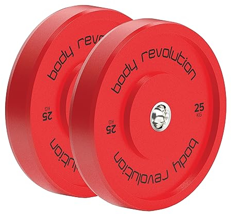 Body Revolution Hantelscheiben mit Gummibeschichtung, Olympiascheiben, bunt, 5,1 cm im Durchmesser, für Hanteln & Crossfit (1,25 kg – 25 kg).