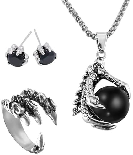 EQLEF Drachenklaue, Gothic Dragon Claw Halskette Legierung / Dragon Stud Ohrringe / Mens Dragon Ring Geschenk für Punk Lovers (3 Stück)