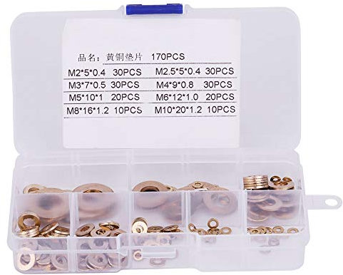 Rondelle per bulloni, Assortimento di assortimento parti di fissaggio viti di rondelle piatte in ottone da 180 pezzi 8 pezzi con scatola M2/M2.5/M3/M4/M5/M6/M8/M10 per viti e anelli di tenuta