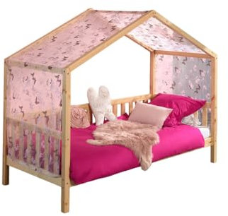Vipack Dallas 1 Hausbett mit seitlicher Umrandung 90 x 200 cm Liegefläche und Textilhimmel, Natur