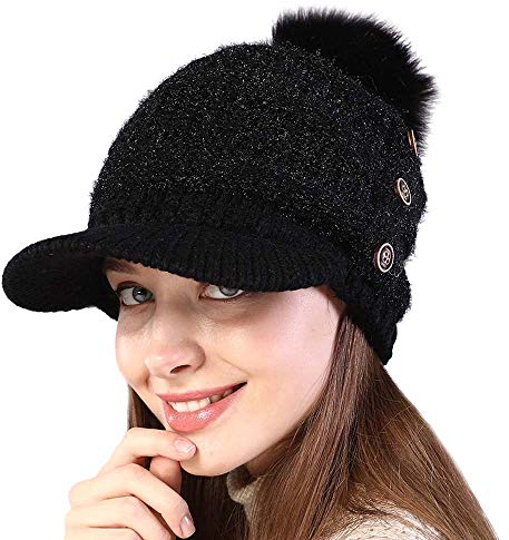 GUMONI Winter Warme Dick Schirmmütze Damen Fleece Gefüttert Bommelmütze Gestrickte Strick Mütze mit Groß Pompon 3 Knöpfe als Dekoration Schwarz