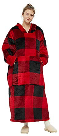 AOSEE Surdimensionnée à Capuche Couverture en Peluche Douce - Réversible avec Manches et Poches, Convient pour Femmes, Hommes, Adolescents(Plaid rouge)
