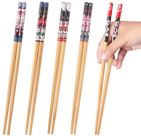 5 pares de palillos reutilizables, aptos para lavavajillas, 8.8 pulgadas de bambú palillos con bonito patrón, antideslizante, chino, japonés, coreano, para comida asiática