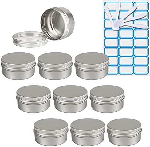 ZEOABSY 10 Stück Leere 150 ml Rund Silber Aluminium Tins mit Schraub-Deckel Schraubdose Cremedose Alu-Tiegel Dosen Aludose Blechdosen für Kosmetik Kerze Salben 5X Spatel, 1x Etikette