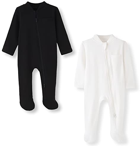 BINIDUCKLING Baby-Jungen Mädchen Schlafanzug - 2-Wege-Reißverschluss, Baumwolle, mit Füßen, 2er-Pack - Baby Schlafstrampler für Neugborene 0-3 Monate, Schwarz&Cream-Weiß