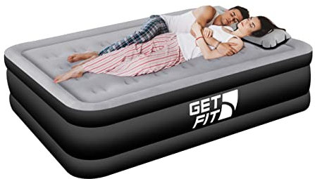Get Fit Air Bed with Built In Electric Pump - Premium Double Size - Blow Up Bed with 2 x Free Pillows - Elevated Inflatable Air Mattress for Outdoor, Camping, Tents - Black/Grey