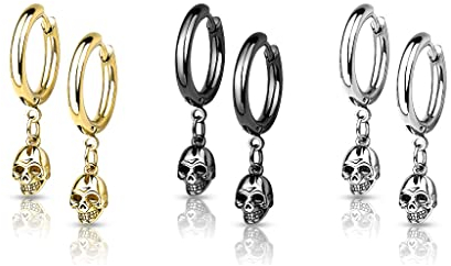 beyoutifulthings 3er Set Damen Creolen Ohr-Hänger Totenkopf-Anhänger Ohr-ringe Ohr-stecker Ohringe Silber Gold Schwarz