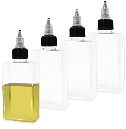 LELE LIFE 4 kleine Ölspender-Flaschen für Camping, 100 ml auslaufsichere Quetsch-Gewürzflasche mit Drehverschluss, Outdoor-Dosierflaschen für Öl, Soja, Sauce, Essig, 4 Stück