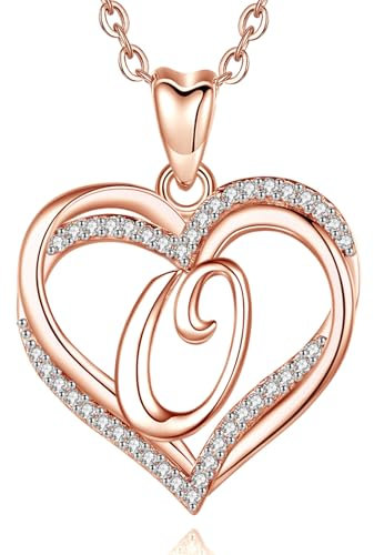 INFUSEU Alphabet O Initial Collier, Or Rose Lettre A-Z Pendentif Cubic Zirconia CZ Nom Double Coeur Bijoux 20 Pouces Chaîne Cadeaux Personnalisés Pour Femmes Filles
