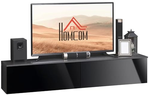 HOMCOM 160cm High Gloss Floating TV Unit Stand for TVs up to 70, Wall Mounted TV Cabinet with Storage Cupboards, Grey and Black