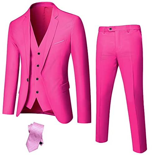 Hihawk, Completo da Uomo in 3 Pezzi con Tessuto Elasticizzato, Tinta Unita, Slim Fit, con Un Bottone, Giacca, Gilet e Pantaloni con Cravatta, Fucsia, XX-Large