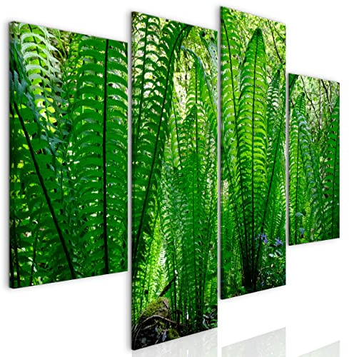 decomonkey Bilder Farne Wald 126x98 cm 4 Teilig Leinwandbilder Bild auf Leinwand Vlies Wandbild Kunstdruck Wanddeko Wand Wohnzimmer Wanddekoration Deko Haus große Blätter Natur Pflanzen Grün