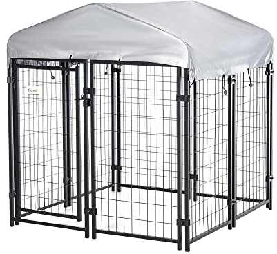 Pawhut Perrera de Exterior con Techo 120x120x138 cm Jaula para Perros Parque para Mascotas con Malla de Metal y Puerta con Cerradura para Jardín Patio Plata