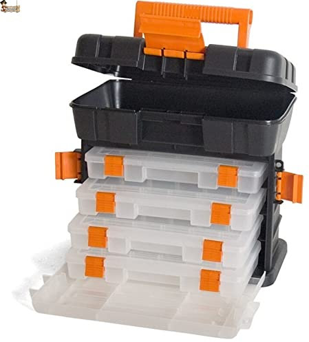 BricoLoco.com Caja herramientas vacía pequeña con organizador tornillos en cajones. Compartimentos de cajones ajustables con divisores móviles. Asa y cierre. Orificio para candado.