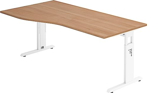 bümö höhenverstellbarer Schreibtisch O-Serie 180x100 cm in Nussbaum, Gestell in weiß - großer PC Tisch für's Büro manuell höhenverstellbar, Computertisch verstellbar