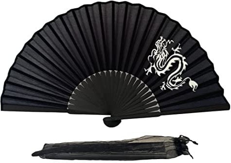 FANSOF.FANS Black Silk Fabric Folding Hand Held Fan with a Pouch Bamboo Ribs Chinese Vintage Handheld Girls Women Wedding Party Favour Gift (Dragon Art)