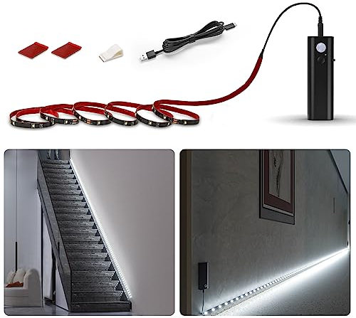 WOBANE LED Band mit Bewegungsmelder, Wiederaufladbar Kleiderschrank Beleuchtung,2m LED Sensor Licht Schrankleuchten für Kleiderschrank,Treppe,Bett,6000K,1 pack,Schwarz
