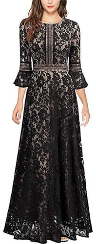 Gothic Lace Maxi Dresses - UK Renaissance Medieval Swing Dresses, Black, Size UK, 3/4 Sleeve, Round-Neck, Vintage Embroidery, Wedding Guest Dress