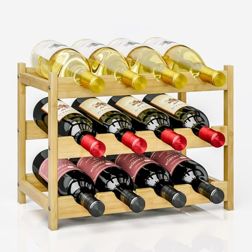 Dripex Botellero Vino de Mesa para 12 Botellas, Matarial Bambú, 3 Niveles, Ideal para Mesa en Cocina, Bar, Salón, Comedor, 40 x 24 x 30 cm