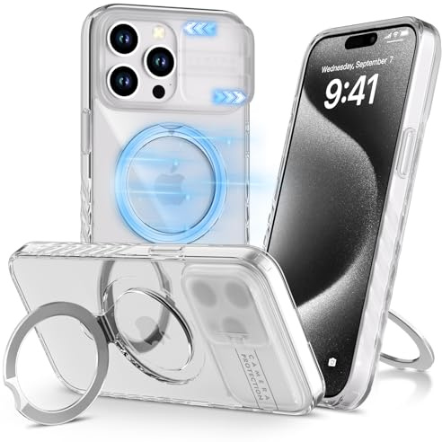 ALAFLY Compatible with MagSafe Case for iPhone 15 Pro Max 6.7 with Invisible Magnetic Stand & Slide Camera Cover, Mil-Grade Shockproof Translucent Matte Phone Cover, Transparent