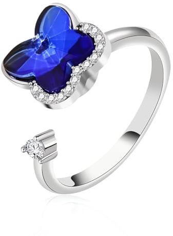 Anxiety Ring Spinner Ringe Damen Silber, Verstellbar Anti Stress Ring Mit Kristall Sterne und Mond Sonne Schmetterling für MäDchen Herren Geburtstags-Party-Geschenke,Stil D