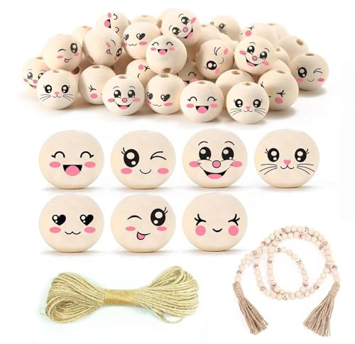 Lunyloer Holzperlen Mit Gesicht, 70 Stück 7 Stile Holzkugeln Mit Gesicht Mit Gesicht 20mm, LäCheln Gesicht Holzperle Naturholzperlen Rund für Diy Bastelarbeiten Dekorationen