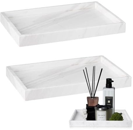 Zfseyuh 2 Bandejas de Baño, Bandeja de Mármol, Color Blanco, Bandeja de Almacenamiento de Baño para Tocador, Bañera, Fregadero de Cocina y Bandeja de Silicona para Cuarto de Baño