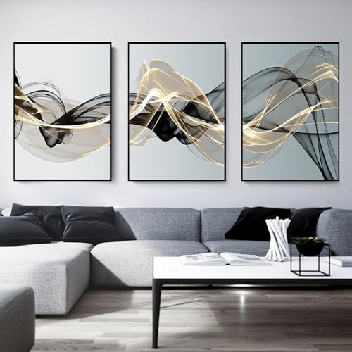 FSLEOVN 3er Set Schwarz Weiß Grau Blau Leinwandbilder Abstrakt Line Art Bilder Moderne Minimalistische Wohnzimmer Kunst Linie Wandposter Schwarz Weiß Bilder Ohne Rahmen (C,40x60cm)