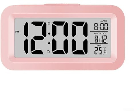HEBEOT Réveil LCD avec thermomètre calendrier, grand écran, plusieurs réglages d'alarme, mesure précise de la température, sélection des couleurs, son d'alarme doux (rose)