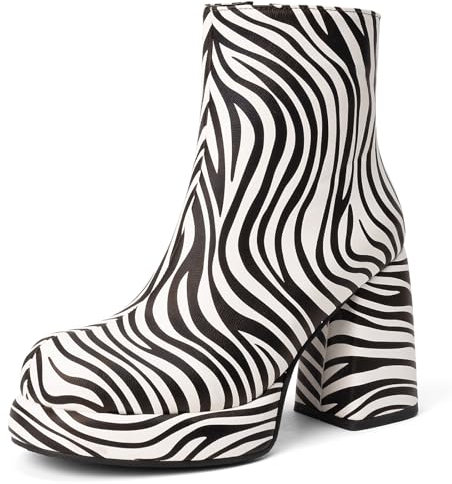 Gicoiz Moda Stivali Chelsea Donna Punta Rotonda Tacco Chunkys Zebra Autunno Inverno Leopard Plateau Ankle Polacchine Zip Tacco Alto Bianco Numero 39 EU-40Cn