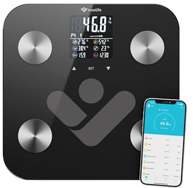 TrueLife FitScale W6 BT Personendiagnostische Bluetooth-Waage, Messung mit bioelektrischer Impedanzanalyse, 19 messbare Körperindizes, farbiges LCD-Display, bis zu 8 Benutzer, mobile App (Schwarz)