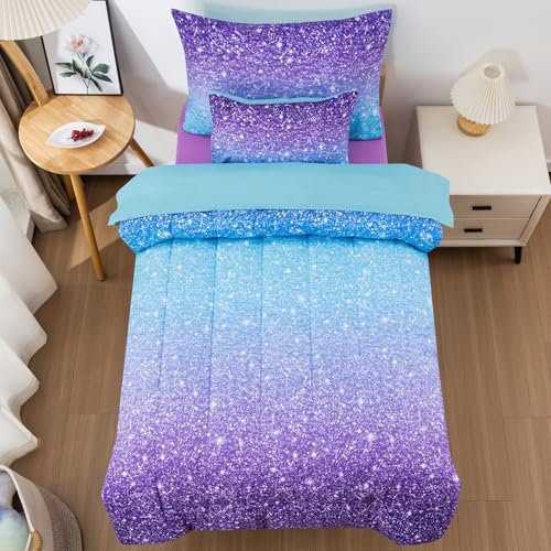 JQinHome Juego de ropa de cama para niñas pequeñas, juego de edredón de 5 piezas en una bolsa, azul y morado 3D con 2 fundas de almohada, 1 sábana encimera y 1 sábana bajera (azul morado)
