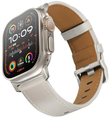 UUPWPOKT Compatible con Apple Watch Ultra 2/1 Band de 49 mm, 46 mm, 45 mm, 44 mm, 42 mm, correa de piel auténtica para iWatch Ultra Series 10 9 8 7 6 5 4 3 2 1 SE, luz de estrella/titanio